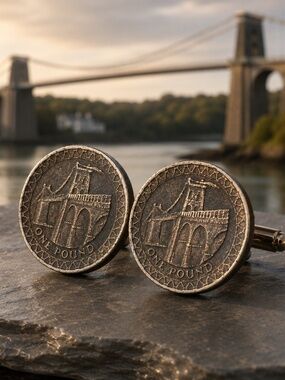 Menai Bridge £1 Coin Cufflinks  Antiqued profiled  Wales Engineer Gift